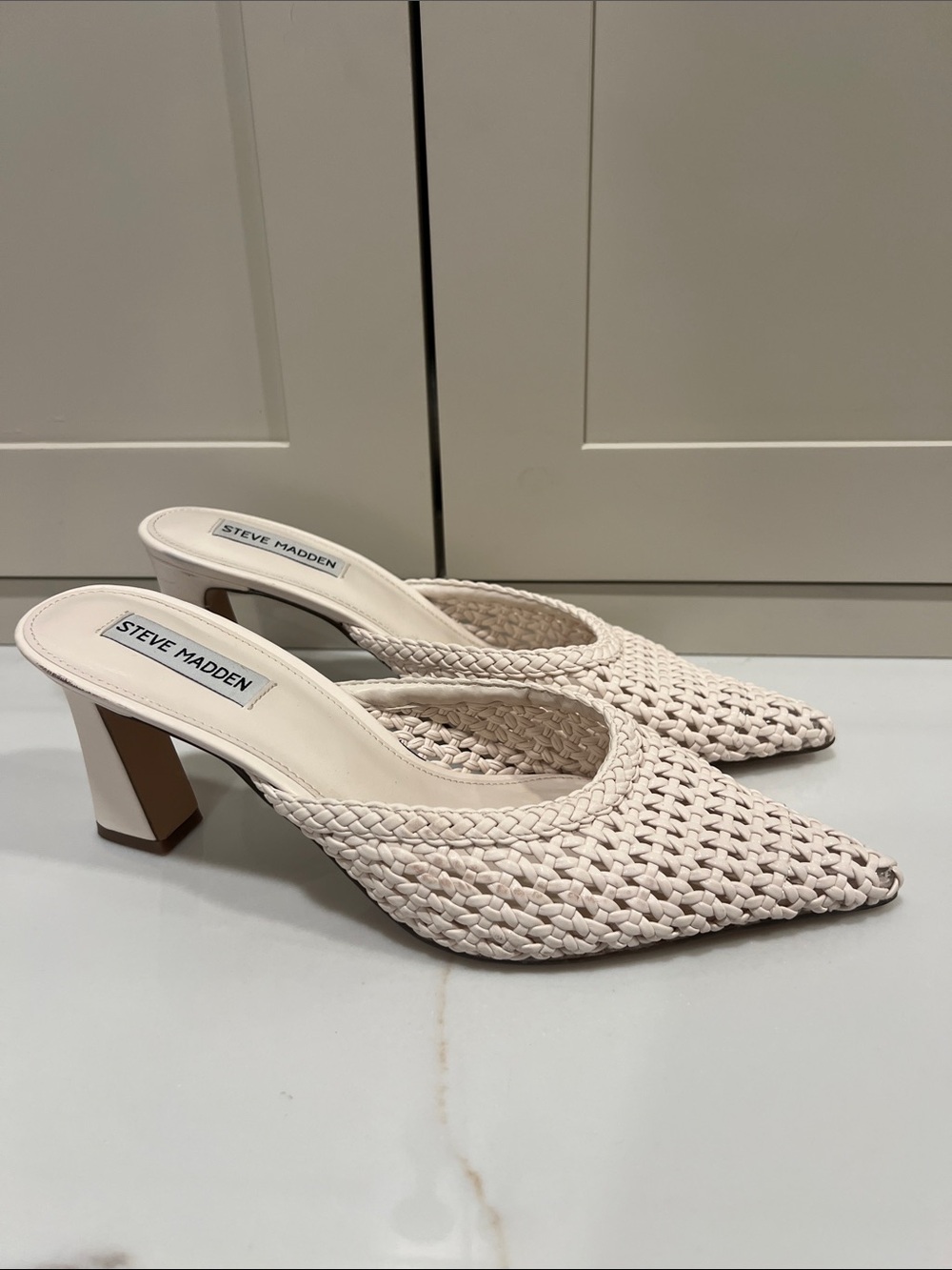 Steve Madden Cream Braided Pointed Mule Heels